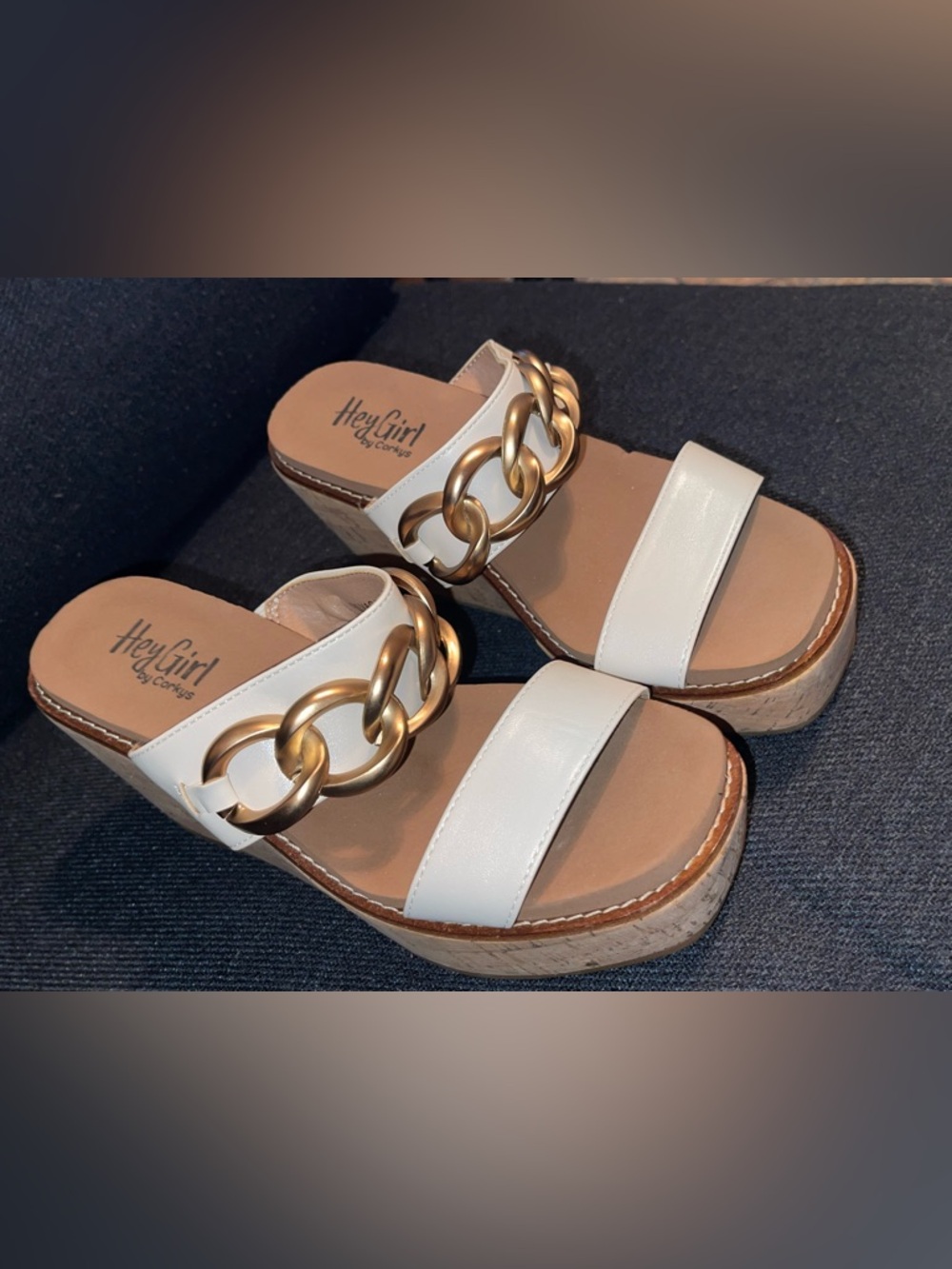 Hey Girl by Corkys White Platform Slide Sandals with Gold Chain - Picture 3 of 11